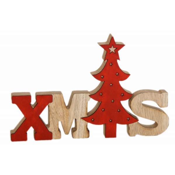 Χριστουγεννιάτικο Διακοσμητικό Ξύλινο "XMAS", με Κόκκινο Δεντράκι (24cm)